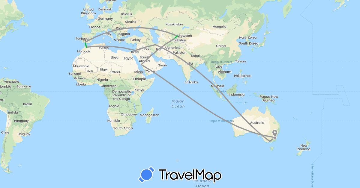 TravelMap itinerary: driving, bus, plane in Australia, Spain, Israel, Iran, Morocco, Malaysia, Saudi Arabia, Uzbekistan (Africa, Asia, Europe, Oceania)